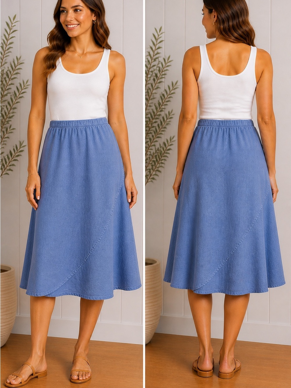 FLAX Linen Midi Skirt Blue Elastic Waist A-Line Coastal Lagenlook Minimalist 4-6